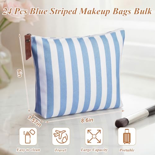 24 Pcs Blue Striped Makeup Bags - Durable Canvas Travel Organizers