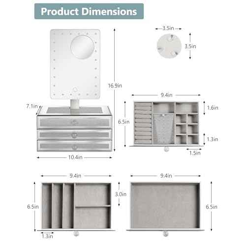 Star Vision 2-in-1 Lighted Makeup Mirror with Glass Jewelry Organizer, Dimmable 6,000K Cool White Light, 3-Layer Drawers, Luxury Crystal Diamond Effect Surface, Includes a 10X Magnification Mirror