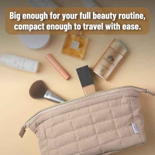 Ms. pen- Aesthetic Quilted Makeup Bag for Women, Beige, Puffy Padded Cute Makeup Bag Cute, Cosmetic Pouch, Quilted Pouch