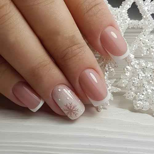 Curvlife Soft Gel Press On Nails ? Reusable False Natural Fit Fake Nails Tips Stick Ons, Salon Quality UV Finish (snowflake french, Short)
