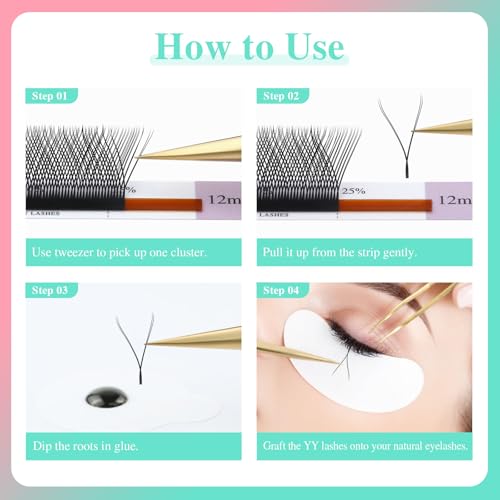 NAGARAKU YY Eyelash Extensions High Capacity 54 Rows 0.07 D Curl 7-15mm Mix Length Supplies Y Lash 4D Russian Volume Cross YY Eyelashes Handwoven Y Shaped Mesh Technology Wispy Cluster Matte Black