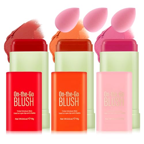 3 Colors Blush Stick with Makeup Sponges,Matte Solid Cream Blush,Multi-Use Blush Stick for Cheeks,Lips and Eye,High Pigmented Makeup Sticks Set A