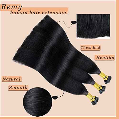 Jiameisi I Tip Hair Extensions Real Human Hair, 16inch 80g I-Tip Hair Extensions for Women Cold Fusion Extensions Itip Straight Remy Human Hair 0.8G/S #1 Dark Black