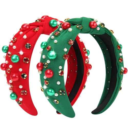 2 Pcs Christmas Headband for Women Pearl Knotted Headband Red Green Pearl Rhinestone Crystal Jeweled Hairbands Fashion Ladies Hair Band Hair Hoop Accessories Holiday Outfits Headpiece (Red and Green)
