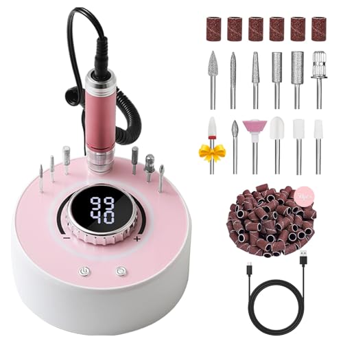 Electric Nail Drill with Brushless Motor, 40000RPM Professional Cordless Nail File for Acrylic & Gel Removal - Rechargeable Manicure & Pedicure Kit with 12 Bits for Home and Salon Use (Pink)