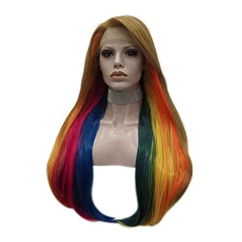 IMSTYLE Rainbow Colorful Lace Front Wigs Synthetic Straight 26 inches Wig Natural Hairline for Halloween Cosplay Party Wig (Rainbow)