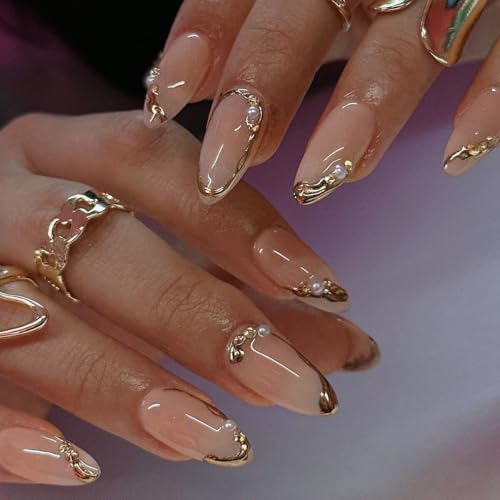 Gold French Tip Almond Press-On Nails - Medium Fake Nails Set (24 Pcs)