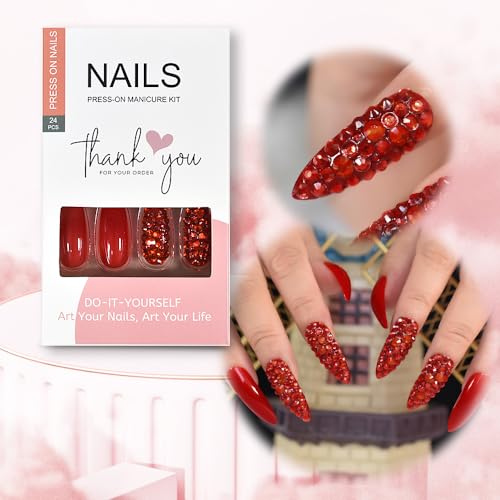 Elevenail Glossy Red Press on Nails Long Coffin False Nails Faux Ongles Reusable Solid Color Nail Art Tips Salon DIY Manicure Acrylic Fake Nails Gifts for Women Girls