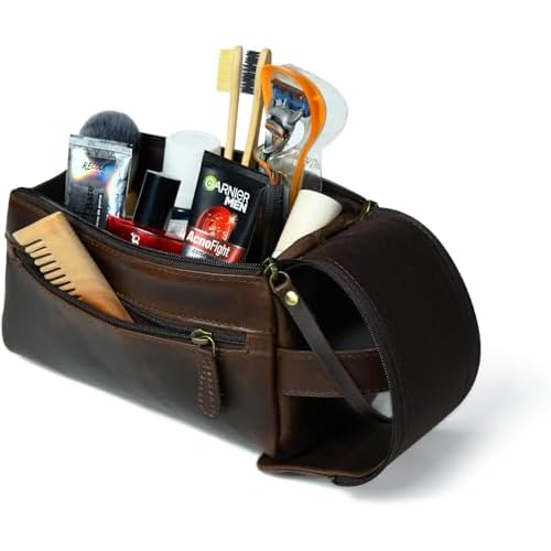 Leather Toiletry Bag for Men ? Handmade Travel Kit, Small Leather Shaving & Toiletry Organizer, Durable Waxed Canvas Lining (Dark Brown)