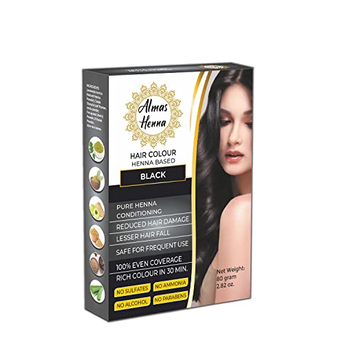 Almas Henna Hair Color - 80g Natural Black Dye, Grey Coverage