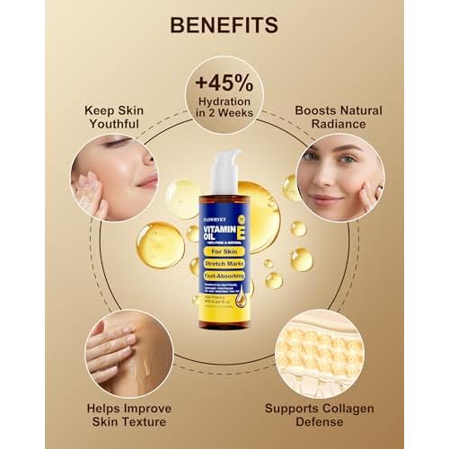 Vitamin E Oil for Face 5 fl oz, Organic Vitamin E Oil for Scar, Stretch Marks, Skin and Hair, Lightweight Body Oil Moisturizing and Firming Skin, Cold Pressed Hexane Free-150ml