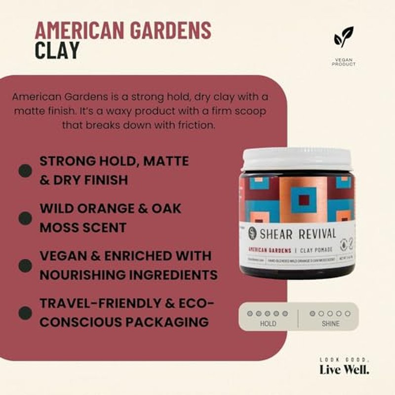 Shear Revival American Gardens Clay Pomade - Strong Hold, Matte Finish, Vegan, 3.4oz