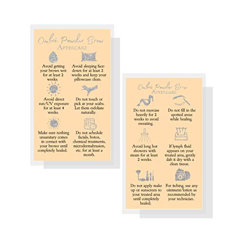 Ombre Powder Brow Aftercare Instructions Cards | Package of 50 | Double Sided Size 2x3.5" inches Business Card | Tan with Silver Glitter Look Design