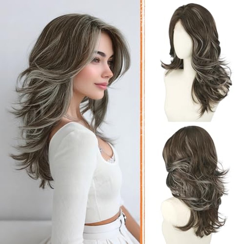 20 Inch Ash Brown Layered Wig with Curtain Bangs - Natural Lace Front