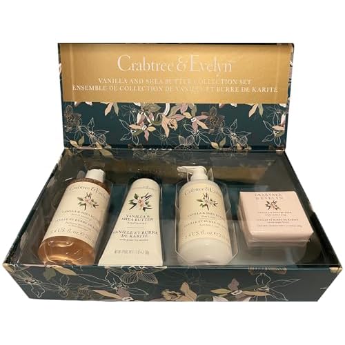 Crabtree & Evelyn Vanilla & Shea Butter Collection Set (Bath & Shower Gel 8.4 fl oz, Hand Therapy 3.5 oz, Body Lotion 8.4 fl oz, Bar Soap 3.5 oz)