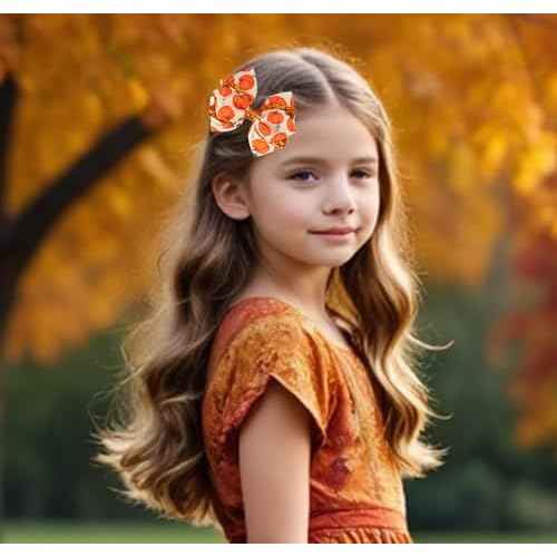 Thanksgiving Hair Bows for Girls, IKOLA Orange Pumpkin Hair Clips Handmade Grosgrain Ribbon Hair Bow Clips, Non Slip Metal Alligator Hair Barrettes Hairpins | Glitter Hair Accessories for Fall Autumn