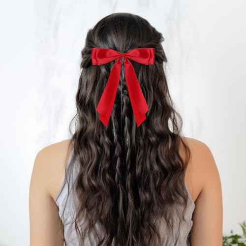 cobee 2 Pcs Red Hair Bow, Bow for Hair Satin Bows Hair Ties, Large Double Satin Ribbon Hair Clips Red Accessories for Holiday Party Women Girls Ponytail Holder