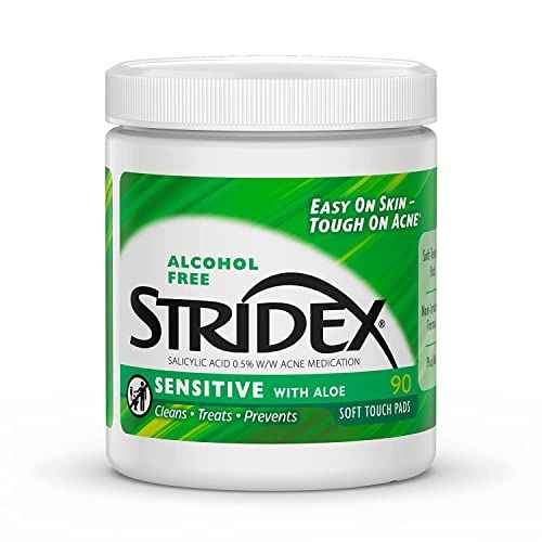 Stridex Sensitive Medicated Acne Pads, 90 Count, Pack of 3 - Alcohol-Free Face Pads, Facial Cleansing Wipes, Mild to Moderate Acne Treatment, Smooth Application