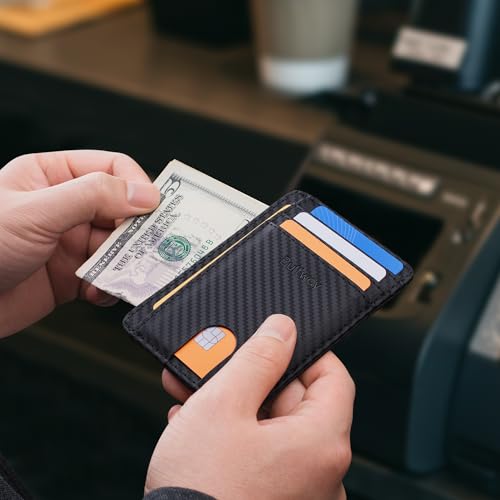 Slim RFID Blocking Leather Wallet for Men & Women - Carbon Fiber Black