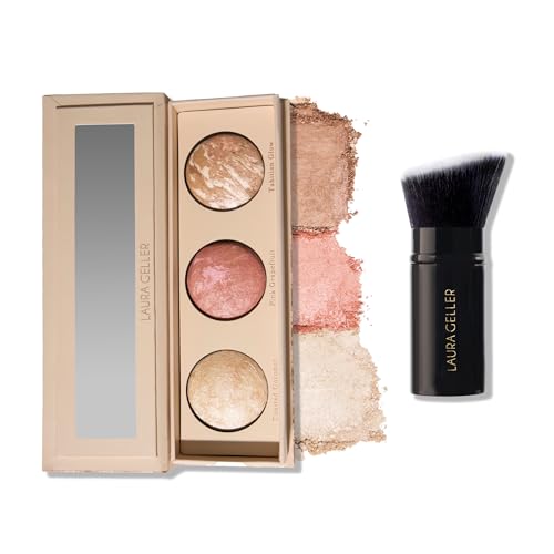 Geller's Greatest Lift-n-Glow Palette - Tahitian Glow, Pink Grapefruit, Toasted Coconut + Retractable Angled Kabuki Brush
