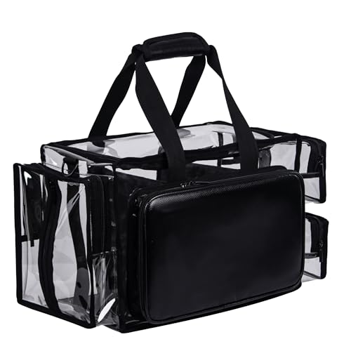 Clear Cosmetic Bag, Large Capacity Makeup Artist Kit Set, Waterproof Transparent PVC Hair Stylist Storage Organizer Beach Tote Bag with Adjustable Divider (Black)