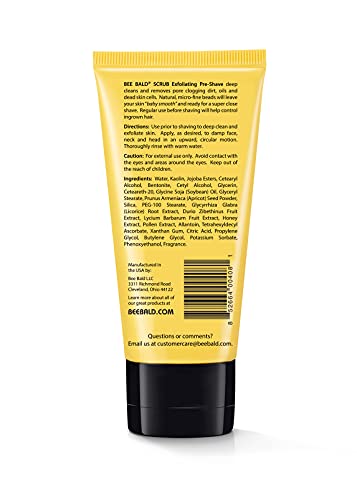 BEE BALD SCRUB Exfoliating Pre-Shave deep cleans & removes pore clogging dirt, oil & dry, flaky skin. Prepares skin for a ‘super close shave’ leaving it ‘smoother than a baby's behind' 3 Fl Oz