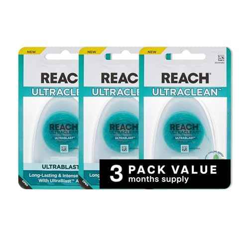 REACH¢ç ULTRACLEAN ULTRABLAST, Cool Mint Dental Floss, Plaque Remover for Teeth, Shred Resistant, Waxed, Easy on Gums & Teeth, Fresh Breath, Oral Care, PFAS Free, for Adults & Kids, 3 PK, 25 YD