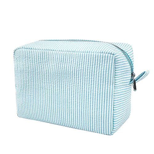 Lightweight Seersucker Makeup Bag for Women - Large Organizer