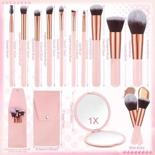 20PCS Travel Makeup Brush Set,10 Pcs Small Makeup Brushes with Mirror,Storage Bag and 8PCS Makeup Sponges for Home,Travel, Party