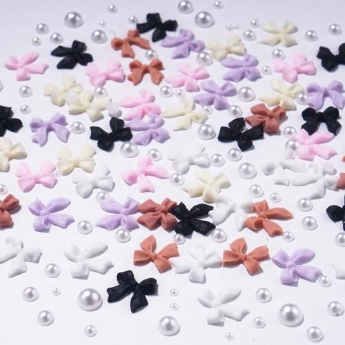 Color Bows Nail Charms Pink White Purple Beige Black Bowknot 3D Cute Nail Charms White Flatback Nail Pearls for Manicure DIY Crafts Jewel Accessories