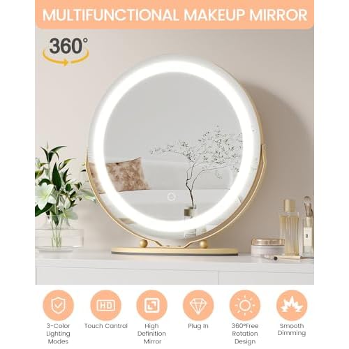 Vanity Mirror with Led Lights, 19 Inches Touch Control 3 Color 2024 New Dimmable Makeup Mirror, 360¡ÆRotation Round Desk Mirror, Easy to Assemble (Gold)