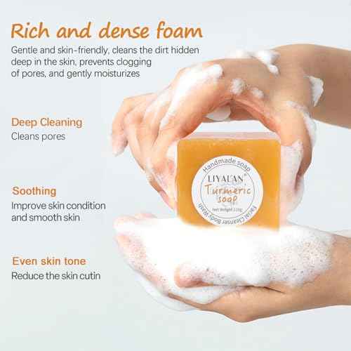 LIYALAN Turmeric Soap Bar 3.88 oz each Bar for Face and Body evens out skin tone,Smooth Skin,Cleansing Handmade Soap contains 3 bars with a fresh ginger and lemongrass scent