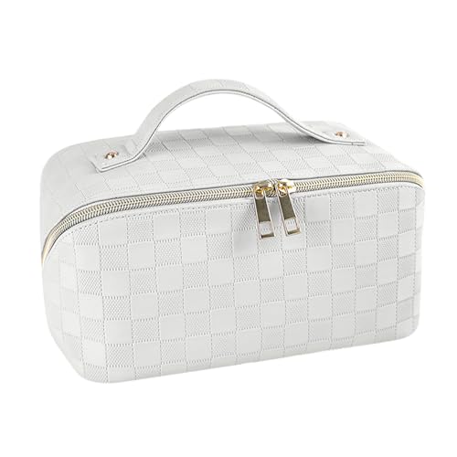 Cosmetic Bag,Travel Makeup Bag, Large Capacity Cosmetic Bags for Women, Waterproof Portable Open Flat Toiletry Bags,Makeup Organizer Bag with Divider and Handle, Cosmetic Pouch Gifts for Women (White)