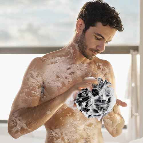 Bath Loofah Sponge Back Scrubber Shower Sponge Soft Mesh Exfoliator Pouf Shower Ball Bath Sponges for Women and Men Bath Accessories (4Pcs 50g Mix Black)