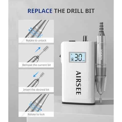 AIRSEE Rechargeable 30000RPM Electric Nail Drill Professional Portable E File Machine for Acrylic Nail Natural Extension Gel Nails Polish Cuticle, Cordless High Speed for Salon Home Use E8 White