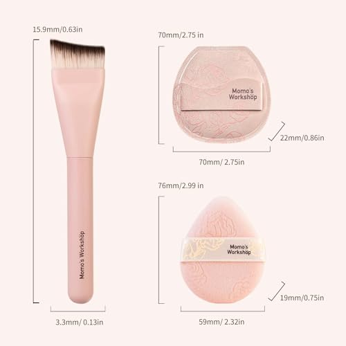 Momo's Workshop Rosy Reverie Trio Makeup Brush and Sponge Set?Satin Rose Edition 3-Piece Kit for Foundation and Powder&Fish Tail Brush, Flat Blending Sponge & Velour Powder Puff for a Flawless Finish