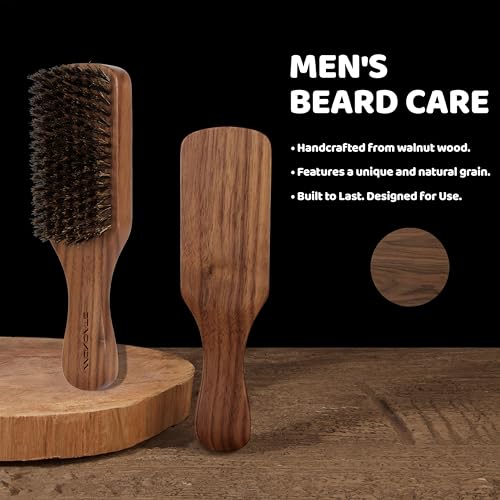 Walnut Wood Boar Bristles Beard Brush Kit for Men, Beard Grooming & Hair Styling Quiff, Pompadour, Slicked-back, Undercut, Straightens & Promotes Beard Growth - Works with Beard Oils and Balms