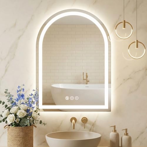 Antok 24x36 Inch Arched Wall-Mounted LED Bathroom Vanity Mirror with Lights, Dimmable & Anti-Fog, White Variation