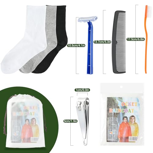 84 Pcs Homeless Care Package Supplies Bulk Hygiene Kits with Nail Clipper, Prepasted Disposable Toothbrushes, Razors, Ponchos, Combs, Socks & Drawstring Bags ? Ideal Charity or Personal Travel Package