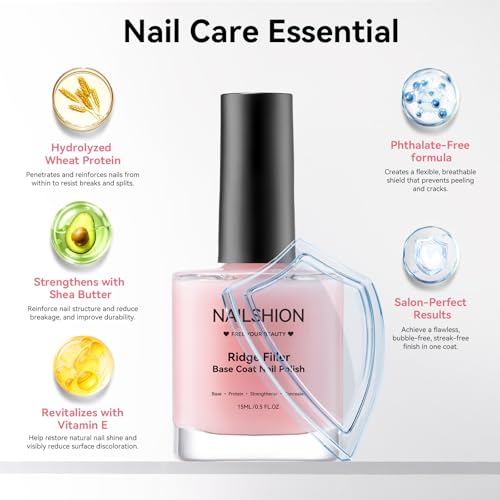 Nailshion Clear Pink Ridge Filler Base Coat Nail Polish - Quick Dry, Hema-Free
