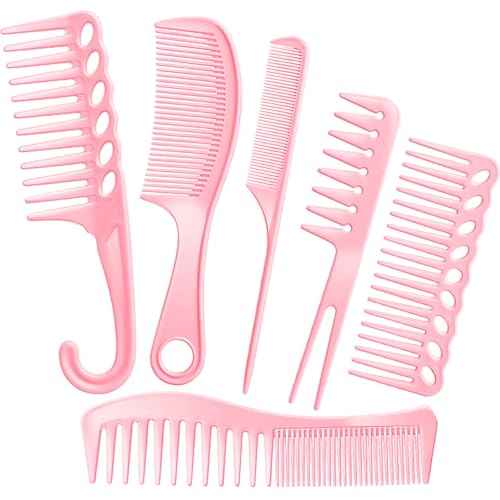 6PCS Professional Hair Comb Set for Women & Men Rat Tail, Wide & Fine Tooth Combs for Curly Hair, Braiding, Barber Styling, Cutting & Parting (Pink)