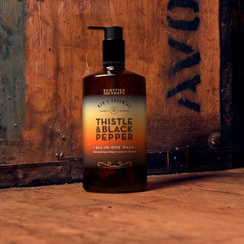 Scottish Fine Soaps Thistle and Black Pepper Collection All in One Body Wash, Woody Amber Fragrance, 500ml