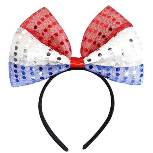 TIMMOKO 4th of July Headband for Women Girls Red White And Blue Bows With Sequin Patriotic Hairband American Flag USA Independence Day Head Band Hair Accessories Gifts 1Pcs