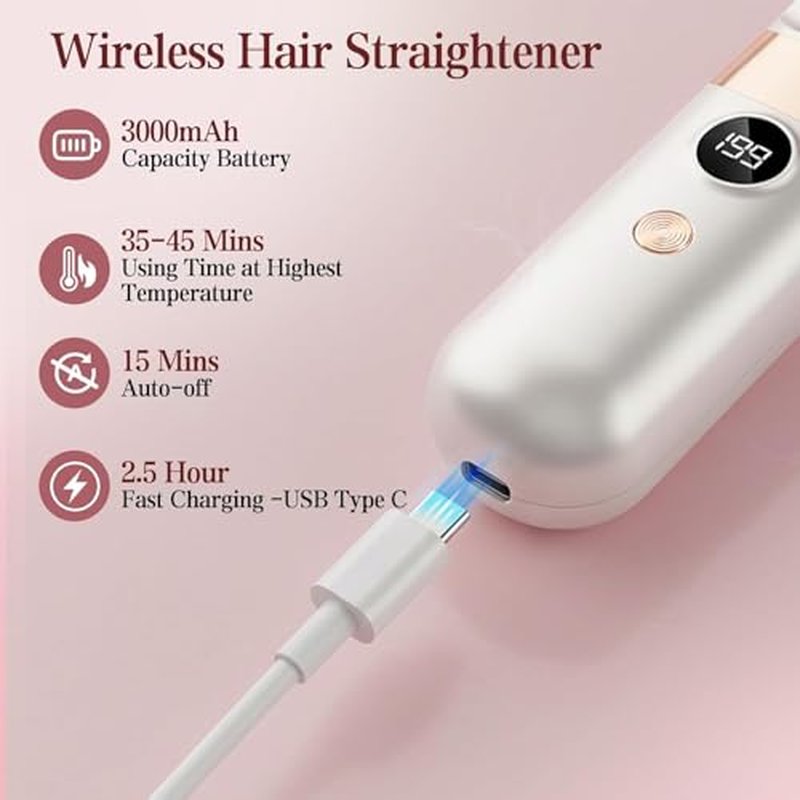 CELLBELL Go Brush Pro Cordless Hair Straightener Brush - Portable Ceramic Styling Tool with 4 Heat Modes & LED Display