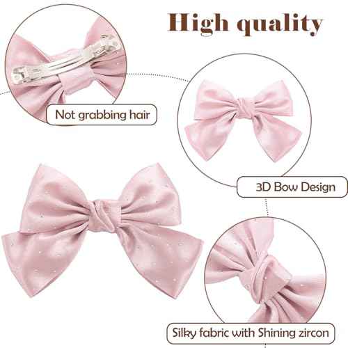 6PCS Large Bow Hair Clips Fashion Hair Bows with Rhinestone Handmade Hair Ribbons Clips French Barrette Bowknot Solid colors Hair Accessories for Women Girls