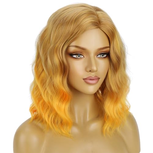 BERON Yellow Ombre Short Curly Wavy Wigs for Women Girls - Heat-Resistant Synthetic Cosplay & Party Hair