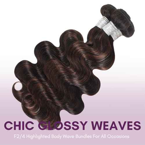 12A Brown Body Wave Bundles Human Hair 22 Inch, 100% Virgin Brazilian Real Hair Wavy Weave Color #F2/4 Rich Dark Brown with Chestnut Ombre Highlights Human Hair Single Bundles Thick Track Sew in