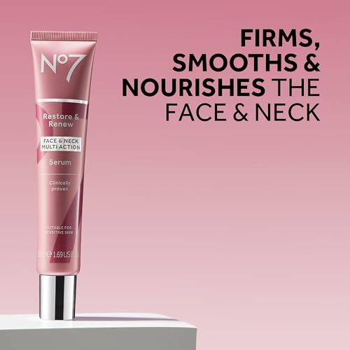 No7 Restore & Renew Multi-Action Face & Neck Serum - Anti Aging Serum for Deep Wrinkle Repair - Collagen Infused Skincare with a Hydrating Blend of Hibiscus Peptides & Hyaluronic Acid (0.5 Fl Oz)