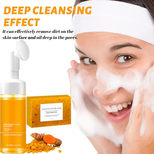 Turmeric Wash and Care Two Piece Set,Turmeric Facial Cleanser & Soap Bar,Face & Body Cleanser, Face Wash and Natural Handmade Soap,for All Skin Types£¬Bring a Bubble Net