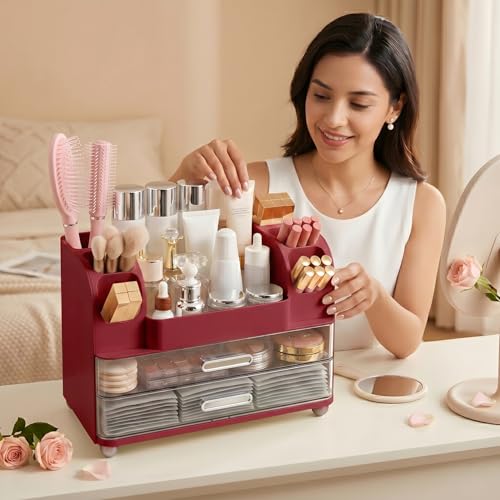 Large-Capacity Makeup Organizer with 2 Drawers & 6 Brush Holders - Red